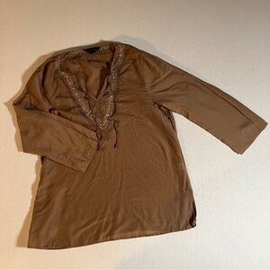 Express Vintage Silk + Cotton Brown Bohemian Embroidered Long Sleeve Top, Medium
